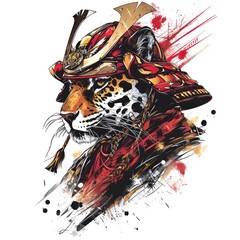 Jaguar using a samurai helmet isolated in a white background
