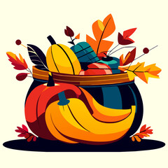 Pumpkin basket with autumn leaves. Vector illustration in cartoon style. generative AI