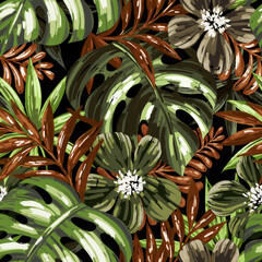 Seamless floral pattern of tropical flowers and leaves. Botanical wallpaper illustration in Hawaiian style	