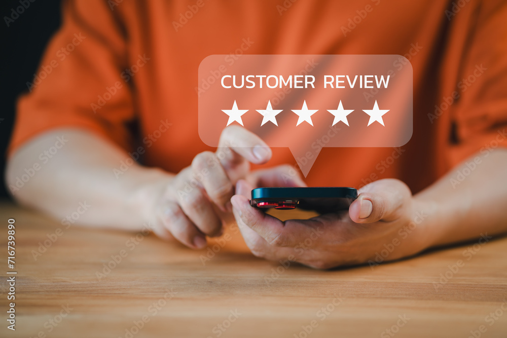 Poster Customer use a smartphone give point with virtual screen on five stars icon for satisfaction in opinion and service. Customer satisfaction survey, service rating online, testimonial feedback review.