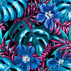 Seamless floral pattern of tropical flowers and leaves. Botanical wallpaper illustration in Hawaiian style	