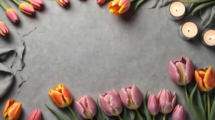 Pink and orange tulips on a gray textured background with candles. Gentle background with copy space