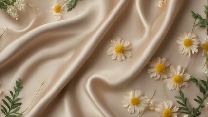 Daisies on beige silk fabric. White wildflowers on silk