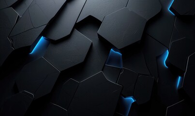 a flat black background with subtle blue light emerging from the gaps between irregular futuristic shapes, 