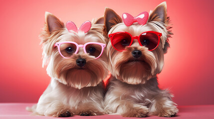 cut yorkshire terrier puppy with hearts, valentines concept,