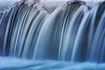 Winter, Portage Creek Cascade framed by ice and captured with motion blur, Milham Park, Kalamazoo,...