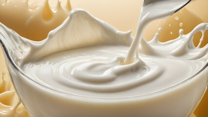 Appetizing image of pouring cream, milk on beige background. Background for presentation of products containing milk	