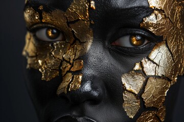 Portrait of a person of African descent partially covered in gold paint, creating a cracked effect, symbolizing beauty in imperfection