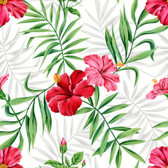 Fototapeta na wymiar The hibiscus pattern with shadows in the background is suitable for summer factory print fabrics