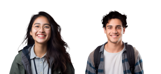 Set of University Students, Both Male and Female, Smiling Joyfully, Isolated on Transparent Background, PNG
