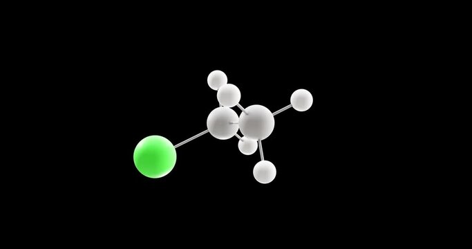Chloroethane molecule, rotating 3D model of ethyl chloride, looped video on a black background