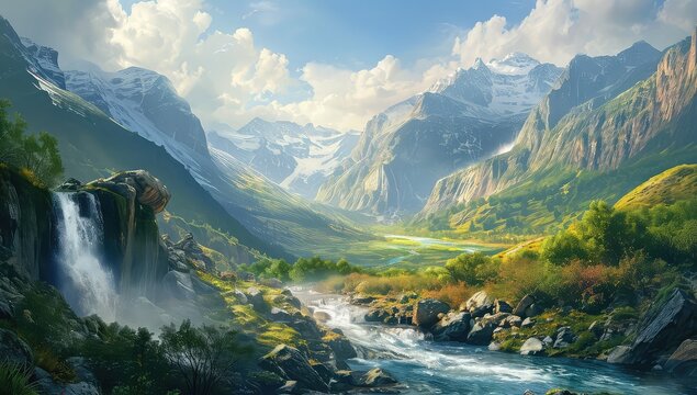 Breathtaking Landscape of a Serene Valley with Majestic Mountains, Lush Greenery, and a Cascading Waterfall Illuminated by Sunlight