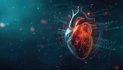 Vibrant Illustration of a Human Heart Surrounded by Dynamic Light Particles, Depicting Cardiovascular Health and Medical Imagery - obrazy, fototapety, plakaty