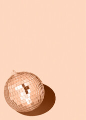 Color of the year 2024 peach fuzz..Shiny disco balls. Creative Christmas pattern. 90s retro party time concept. Xmas holiday background. Top view. Flat lay