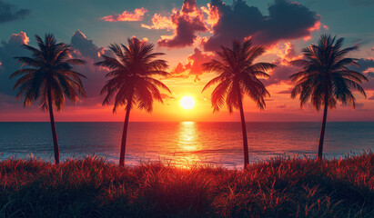 Palm trees on the beach at sunset. Generative AI