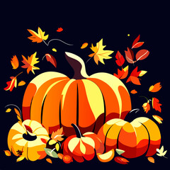 Naklejka premium Pumpkin and autumn leaves on black background. Vector illustration. Generative AI