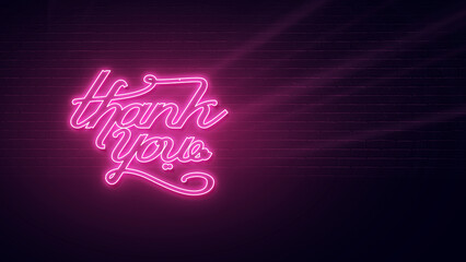 thank you text neon sign light effect. Horizontal design pink glow and empty space for copy