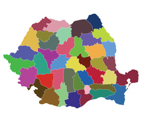 Romania map. Map of Romania in administrative provinces in multicolor