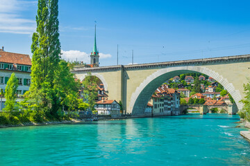 Aare river, Nydeggbrucke bridge, cityscape of Bern, Switzerland 