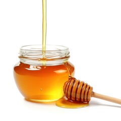 Jar with honey and honey dipper with drop of honey solated on white background