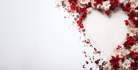 Heart symbol made of red and white flowers and leaves on a white background. copy space