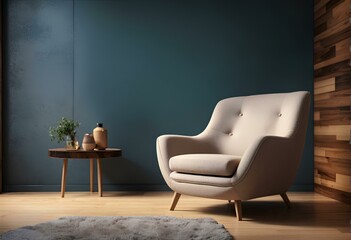 armchair and coffee table on blue wall background