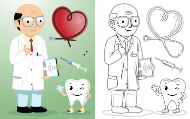 Bald headed dentist cartoon with funny teeth, coloring page or book