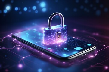 cyber security concept. smartphone with closed padlock on the screen. cyber security concept hologram