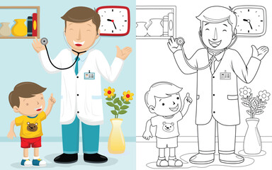 Cartoon of doctor with a boy in a hospital room, coloring book or page