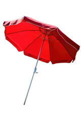 A stylish solid red beach umbrella on a white background