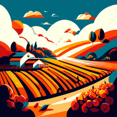 Autumn landscape with farm and fields. Vector illustration in flat style Generative AI