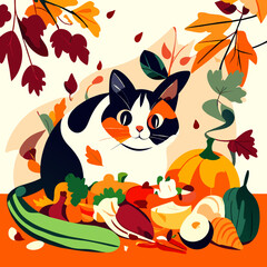 Vector illustration of a cute cat surrounded by autumn leaves and vegetables. generative AI