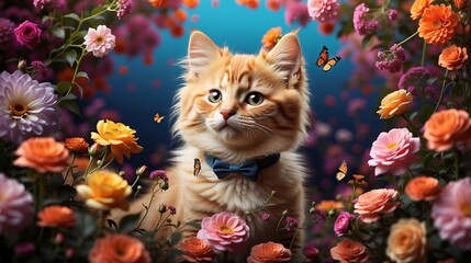 cute cats with flowers, lovely pets with flower backgrounds. valentine, romance, animal concept