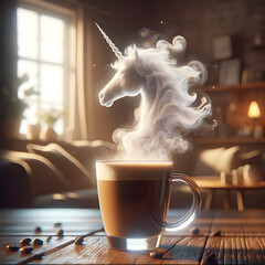 a glass of coffee, half-filled, with unicorn-shaped but faded steam smoke coming out from the coffee