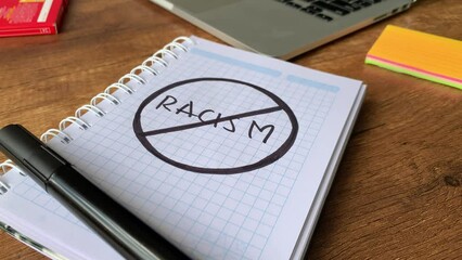video of notebook with symbol of prohibition to racism on a table.