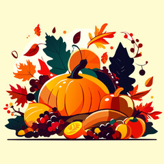 Obraz na płótnie Canvas Autumn background with pumpkins, berries and leaves. Vector illustration AI Generated