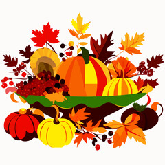 Obraz na płótnie Canvas Thanksgiving day background with pumpkins and leaves. Vector illustration. generative AI