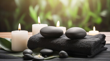 Obraz na płótnie Canvas Beauty Spa Concept Massage Stones With Towels And Candles In Natural Background 8