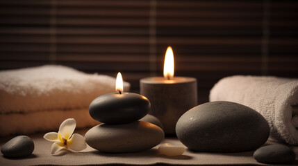 Beauty Spa Concept Massage Stones With Towels And Candles In Natural Background 7