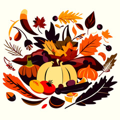 Autumn leaves, pumpkins, acorns, berries, berries, leaves. Vector illustration. Generative AI