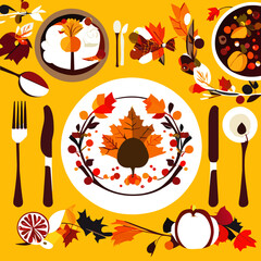 Thanksgiving table setting with cutlery and autumn leaves. Vector illustration. AI Generated