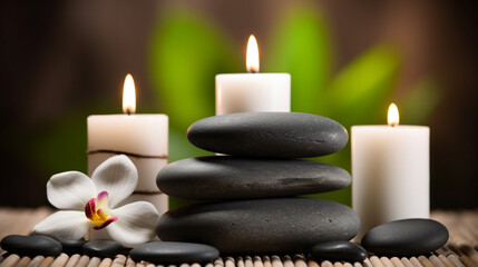 Fototapeta na wymiar Beauty Spa Concept Massage Stones With Towels And Candles In Natural Background 3