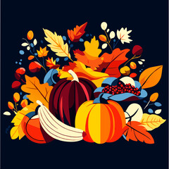 Autumn background with pumpkins, leaves and berries. Vector illustration AI generated