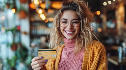 Woman winking while clutching credit card. Generative Ai. - obrazy, fototapety, plakaty