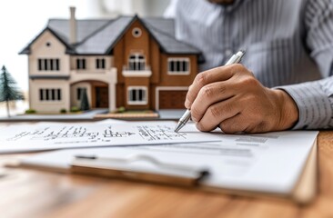 Real estate agent signs document near house model, home loan paperwork image