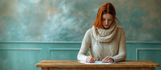 Young woman writing with pencil at wooden table, education paperwork picture