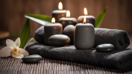 Fototapeta na wymiar Beauty Spa Concept Massage Stones With Towels And Candles In Natural Background 1