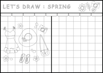 Spring printable worksheet coloring page in black and white outline illustration. Color and drawing book for children's skills