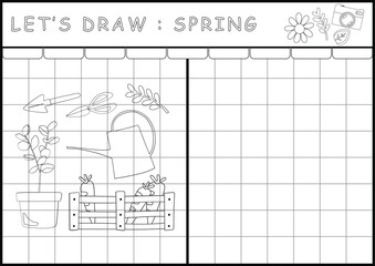 Spring printable worksheet coloring page in black and white outline illustration. Color and drawing book for children's skills