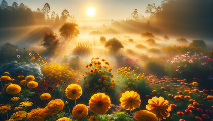Fototapeta na wymiar a new morning in a garden where the sun shines brightly through thin fog. The garden is filled with bright